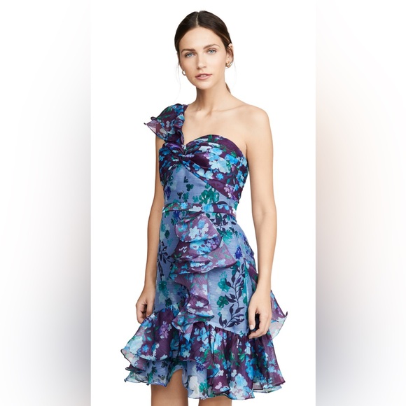 Marchesa Notte One Shoulder Colorblock Cocktail Dress In Blue - Picture 6 of 14